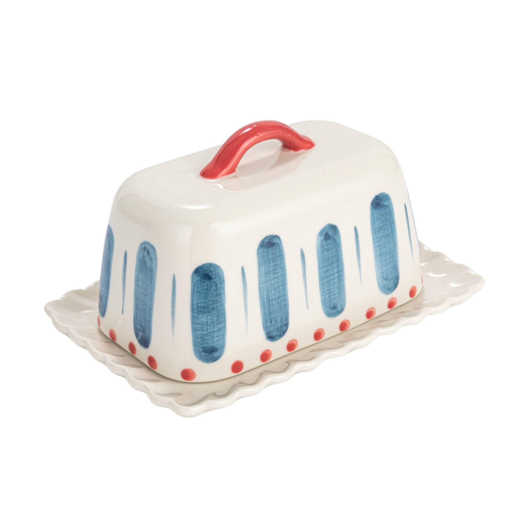 Hello Honey® 6.75" White, Red & Blue Hand-Painted Stoneware Butter Dish